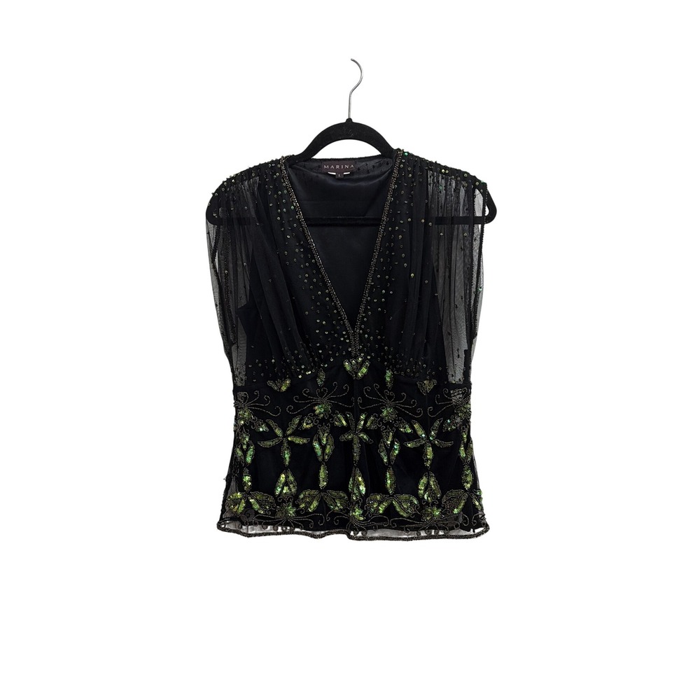 Marina Black Green Sequin Beaded Mesh Top Whimsy Fairy V-Neck blouse Large